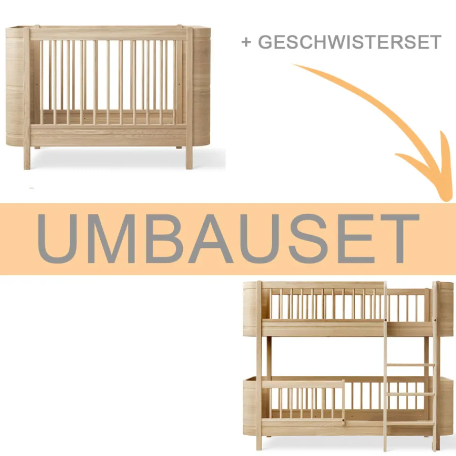 Discount Oliver Furniture Umbauset Wood Mini+ Babybett inkl. Umbauset Juniorbett und Geschwisterset zum halbhohen Etagenbett Eiche